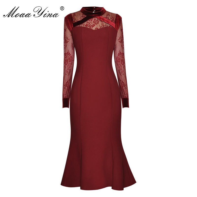 

Fashion Designer dress Spring Women' Dress Lace Long sleeve Package buttocks Mermaid Dresses 210524, Red
