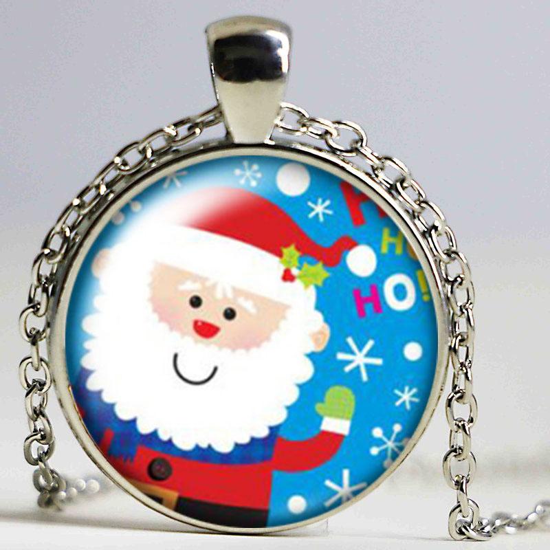 Pendant Necklaces Christmas Snowman Reindeer Santa Claus Round Necklace 25mm Glass Cabochon Women Girl Jewelry Party Birthday-image-704841044
