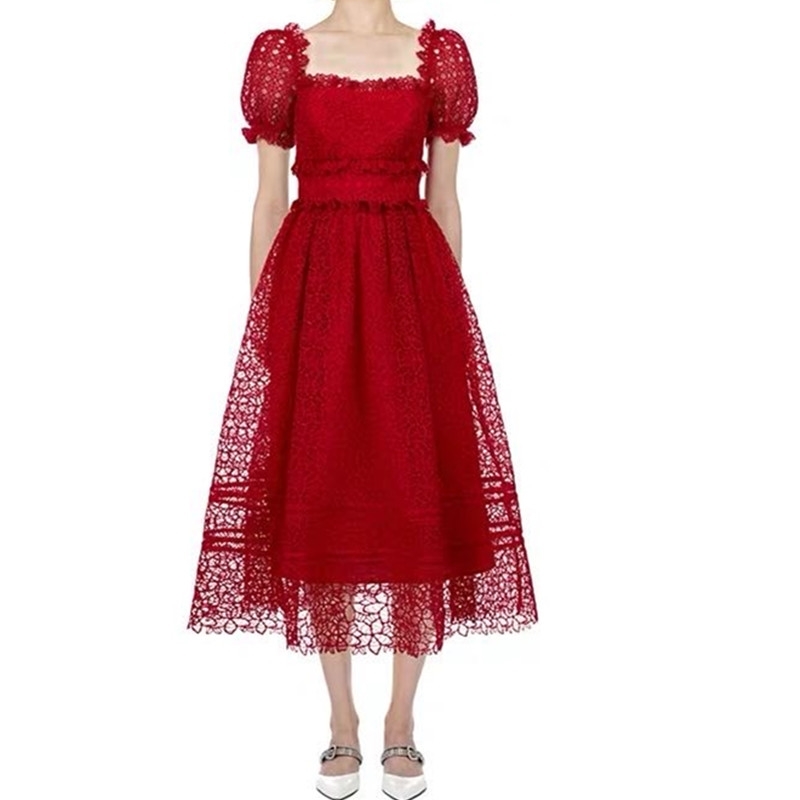 

High Quality Design Runway Dress Arrive Summer Red Lace Long Puff Sleeve Fashion Women es Vestidos 210520, Photo color