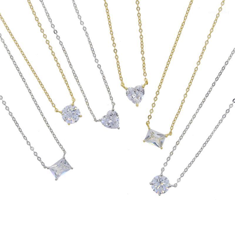 

Chains Geometric Single CZ Stone Necklace Sparking Clear Cubic Zirconia Rectangle Round Heart Shaped Simple 925 Sterling Silver Collar