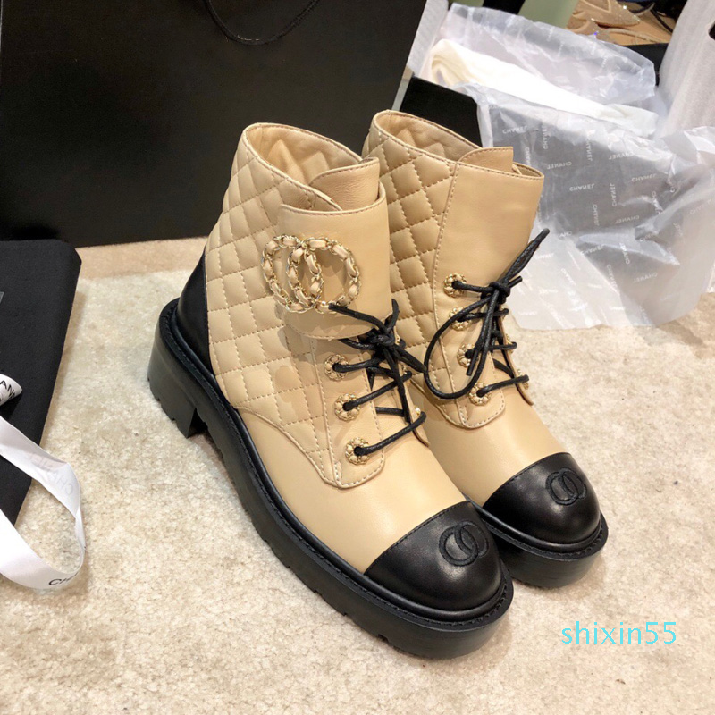 

Heavy duty Beige chunky platform boots leather lace-up shoes combat boot chains buckle low heel Martin booties ankle luxury designers1540, Gift(not sold separately)