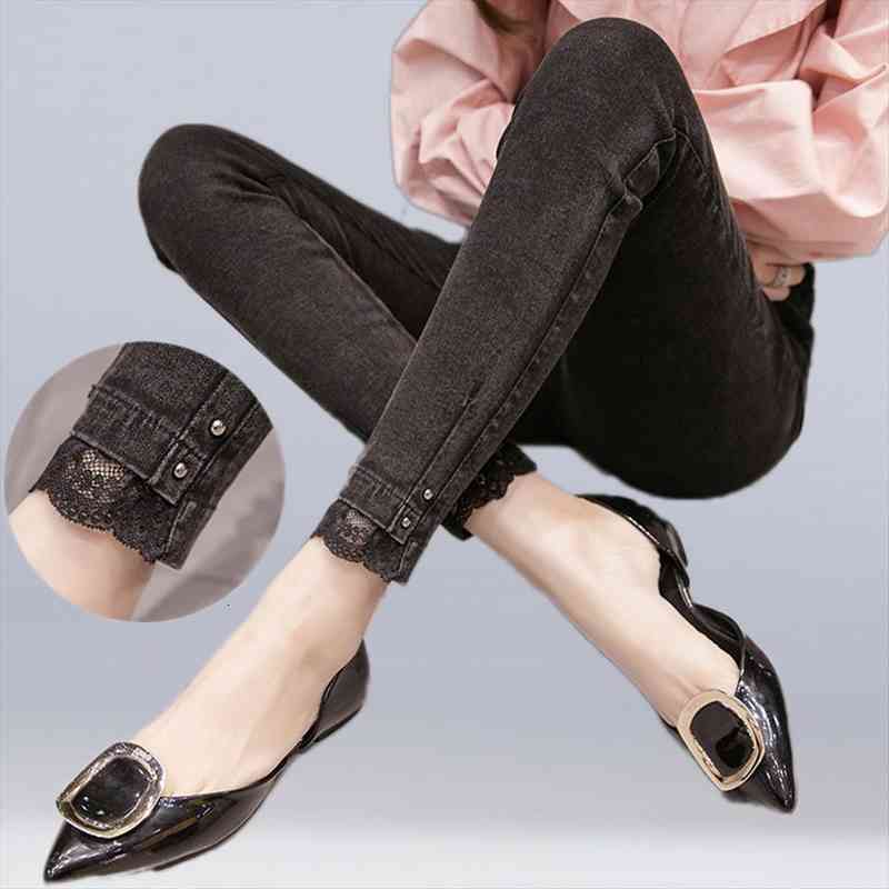 

High Waist Large Size Women Pants Lace Hem Pencil Skinny Bodycon Sexy Outwear Leggings Stretch Casual Trousers Womens, Black;white