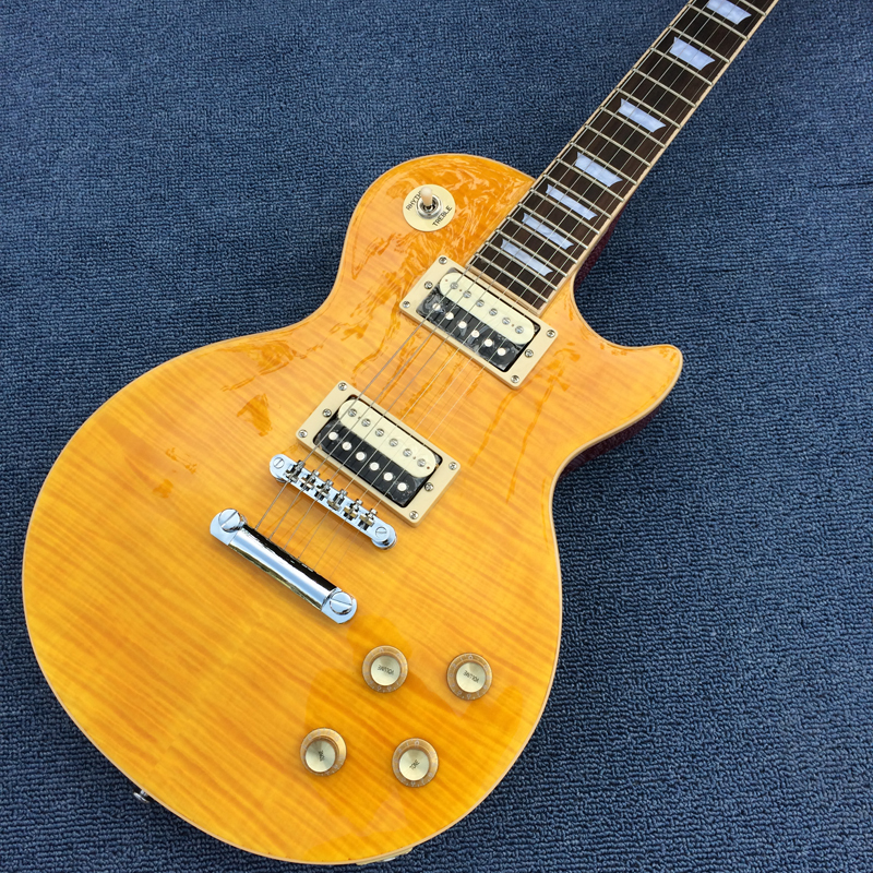 

Factory Custom Yellow Electric Guitar with Fretless,Flame Maple Veneer,White Pearl Fret Inlay,Chrome Hardware,Rosewood Fretboard,Offer Customized170919