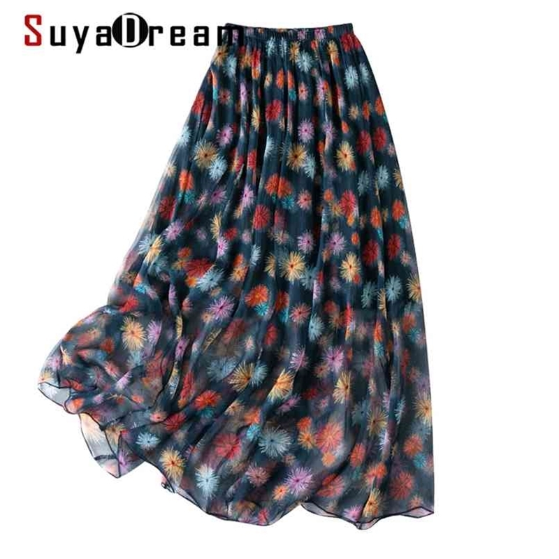 

SuyaDream A-Line Long Skirt Woman Spring Summer Beach Style Print Dark Blue 210708, Navy