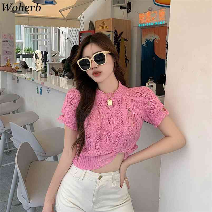 

Summer Thin Hollow Out Knitted Korean Women Pullover Jumpers Short Sleeve O-neck Tops Fashion Loose Ladies Top 210519, Green