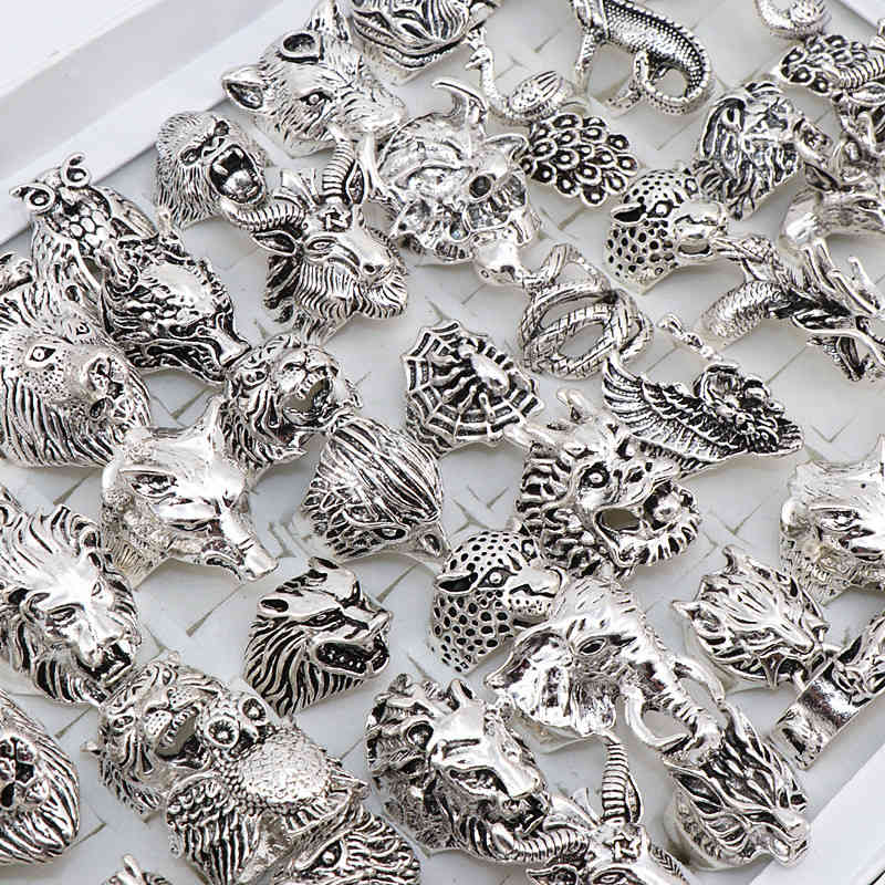 

20pcs/Lots Mix Snake Owl Dragon Wolf Elephant Tiger Etc Animal Style Antique Vintage Jewelry Rings for Men Women