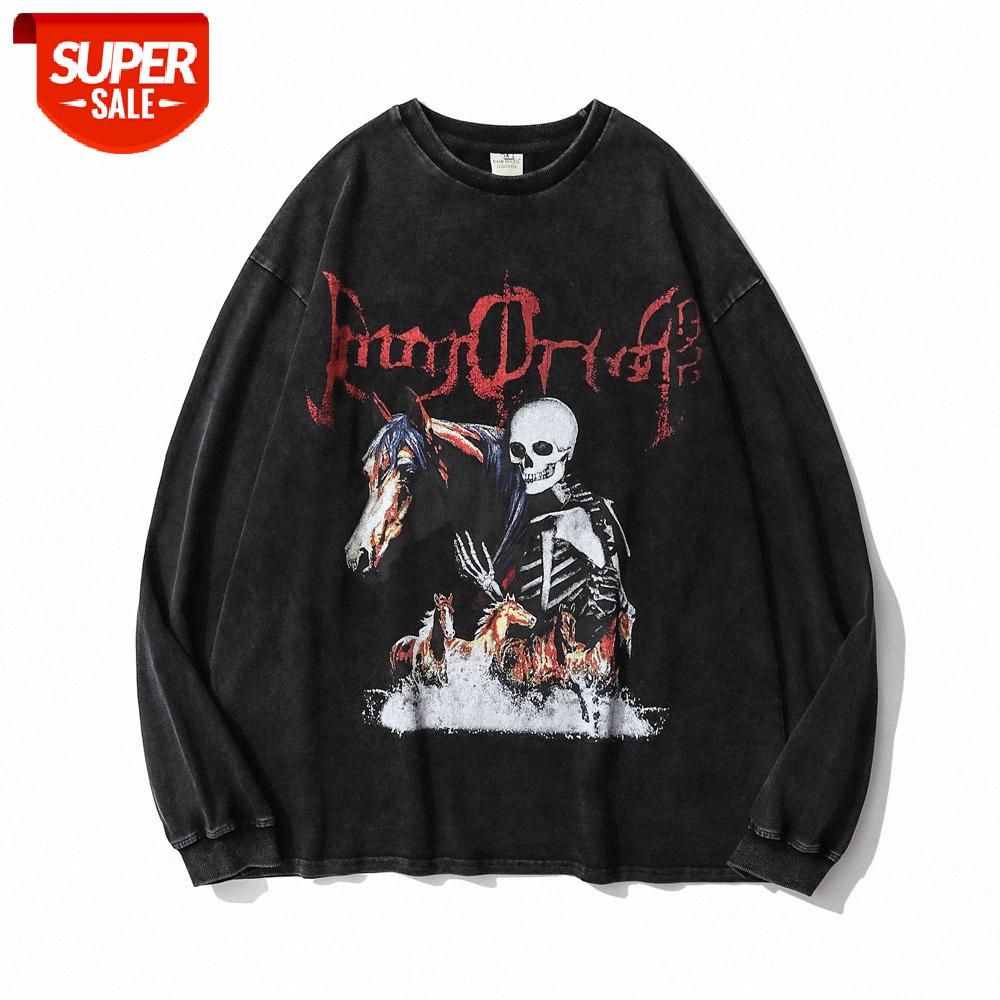 

Dark Skull Printed Long Sleeve T-shirt Men's Washed Distressed Loose Round Neck Top Base Shirt Compassionate #U30G, White;black
