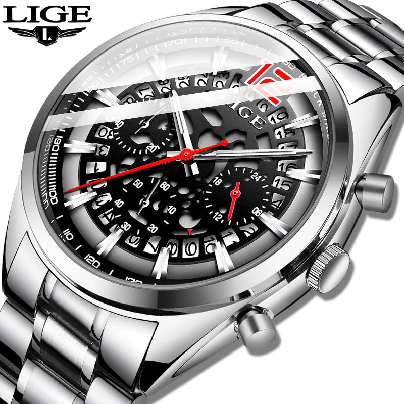 

Wristwatches 2021 LIGE Military Watches Men Stainless Steel Band Waterproof Quartz Wristwatch Chronograph Clock Male Fashion Sports Watch, Silver black
