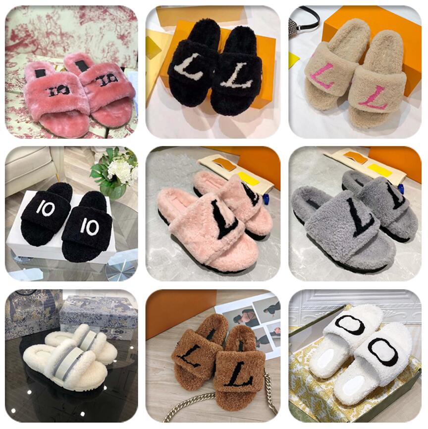 

Luxury SlideS Designer Fur Plush Slipper Women Wool Sandals Warm Comfort Slippers Woman Cotton Shoes Autumn Winter Slides Scuffs Sandal WITH, Black