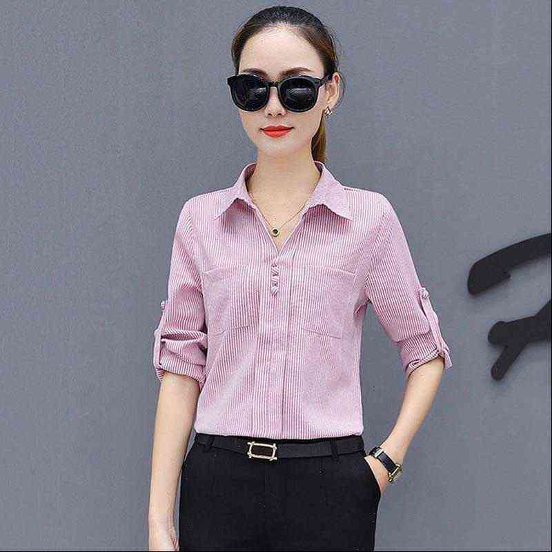 

office work women shirts wear ol spring summer style chiffon blouses pink blue yellow long sleeve striped blusas dd1884, White