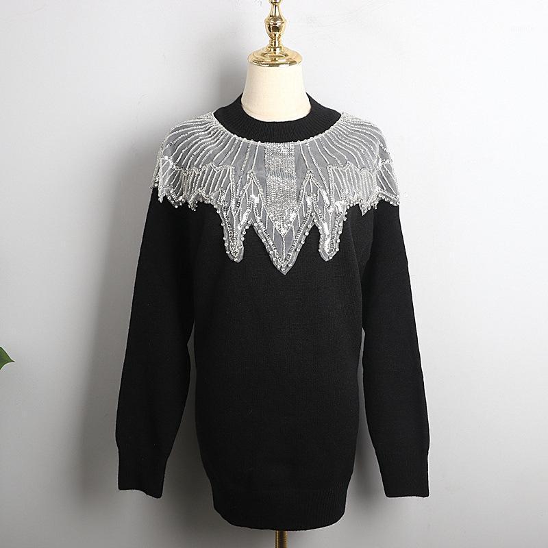 

Women's Sweaters 2021 Winter Mid-Length Sweater Women Luxury Diamond Mesh Stitching Loose Casual O-Neck High-Quality Knitted Pullover, Black