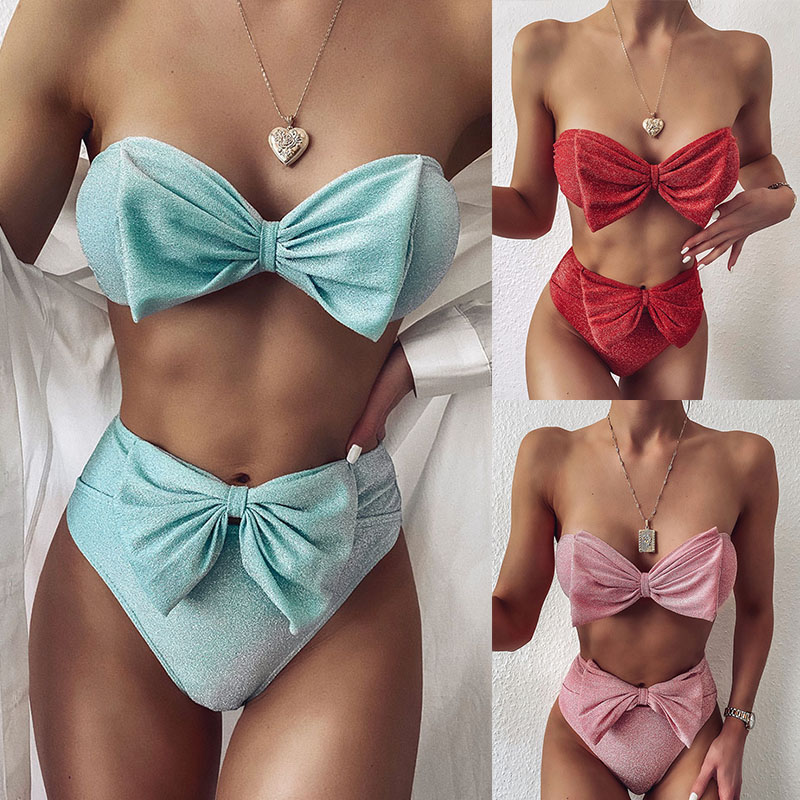 

Women Bikinis Set Off Shoulder Two Piece Swimsuit Big Bow Ladies Swimwear Strapless Bathing Suits High Waist Biquini 050723, White;black