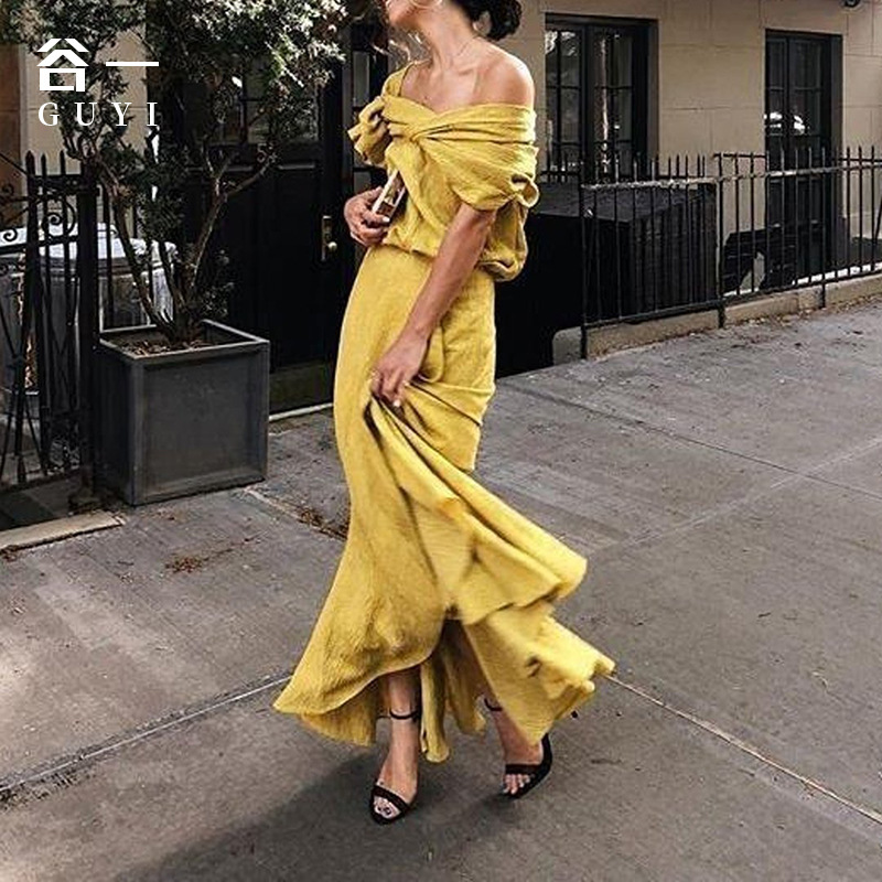 

Z-zoxu Women Dress Slash Neck Off Shoulder Plus Size Sexy Vintage Yellow Long Summer es Clothes 210524