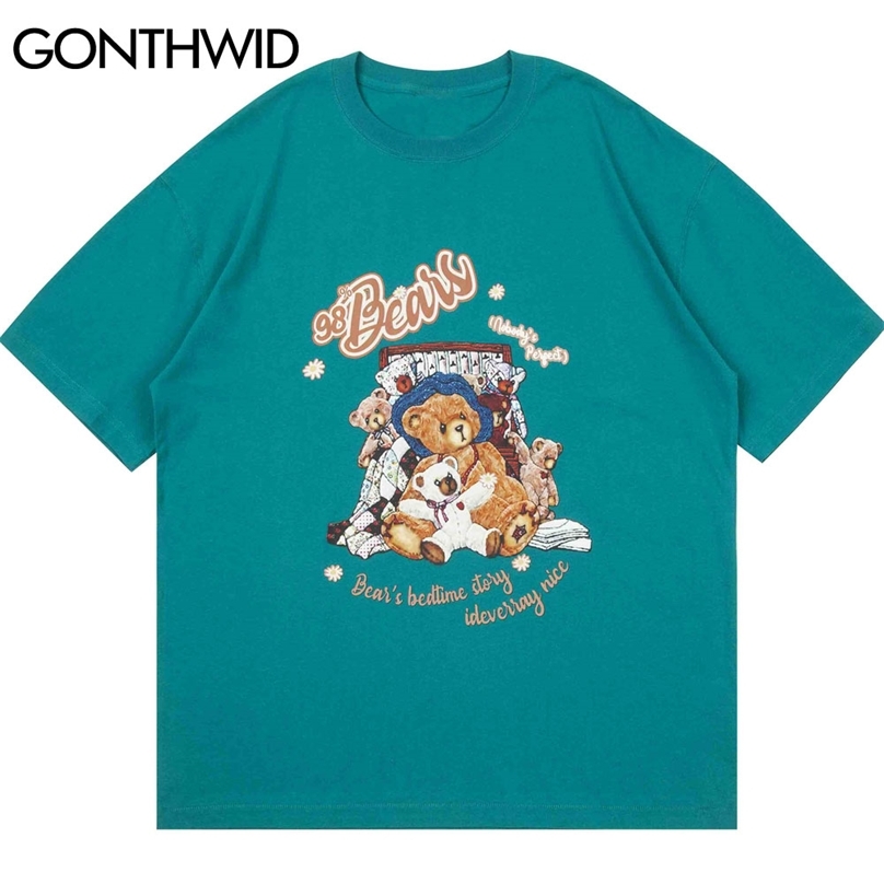 

T-Shirts Harajuku Toy Bears Print Short Sleeve Tshirts Streetwear Hip Hop Hipster Casual Cotton Loose Tee Summer Tops 210602, Black