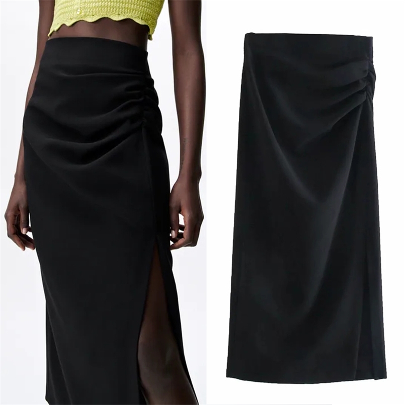 

TRAF Za Women Black Skirts Ruched Woman High Waisted Summer Elegant Long White Female Fashion Side Slit 210708