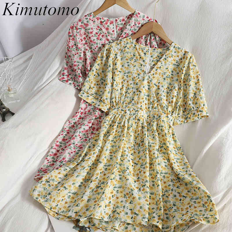 

Kimutomo Elegant Floral Dress Women V-neck Short Sleeve Slim Waist Korean Gentle Clothing Female Sweet All Matching Vestidos 210521, Blue