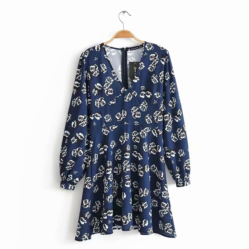 

Vintage Floral Print loose Dress Women long Sleeve V neck Casual Shirt Dresses Robe female pleated mini dress 210524, Navy blue