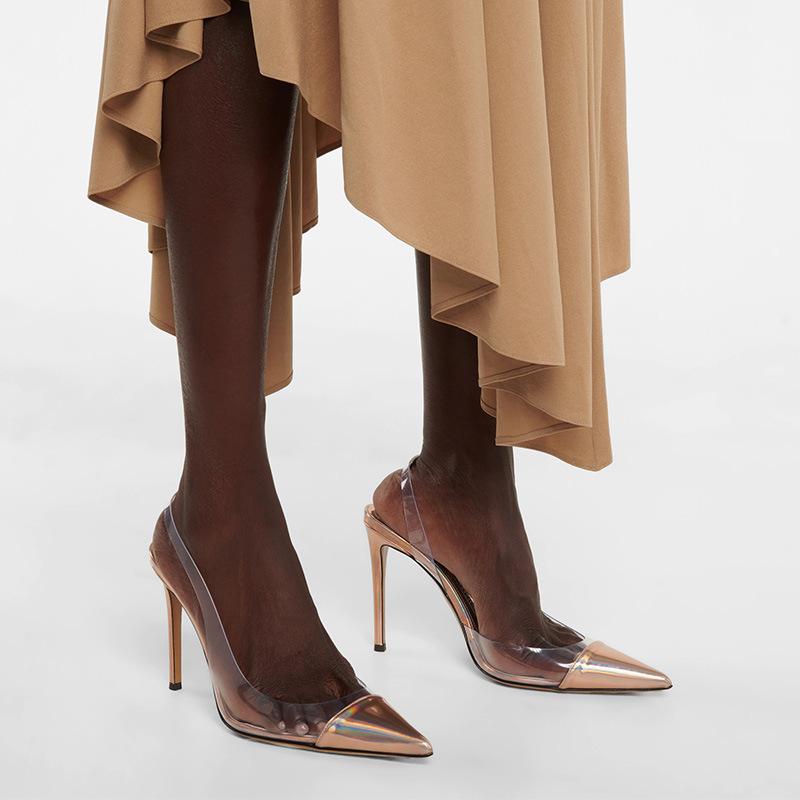 

Dress Shoes Summer Pointed Stiletto High Heel Patent Leather PVC Stitching Large Size Sandals All-match Transparent Womens Single Shoe, Pink