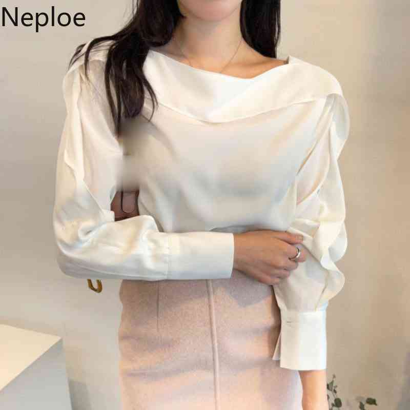 Neploe Chic Women Blouses Office Lady Elegant Shirts O-neck Long Sleeve Loose Blouse Temperament Solid Color Blusas Mujer 210422