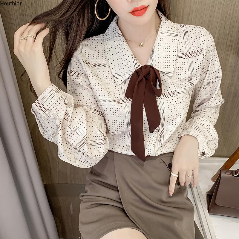 

Women's Blouses & Shirts Spring Autumn Blouse Shirt Long Sleeve Dot Streamers Girl Casual Fashion Folds Loose Houthion, White