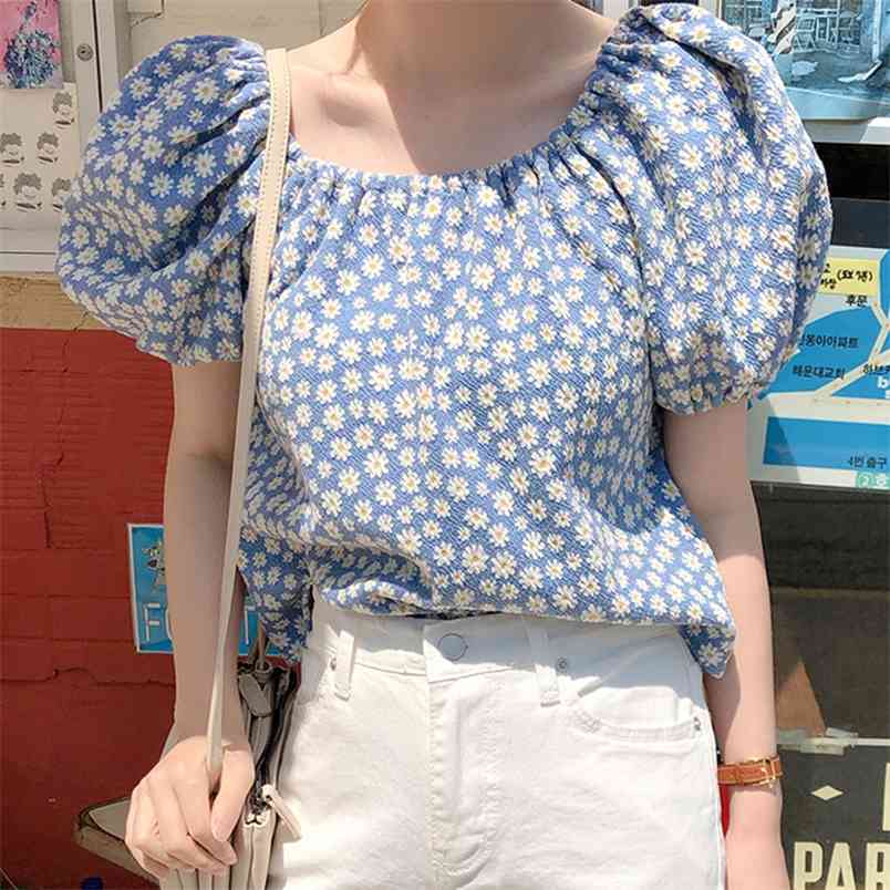 

Summer Floral Daisy Print Blouse Women Elegant O-Neck Puff Sleeve Vintage Shirt Female Fashion Tops Blusas 210519, Black