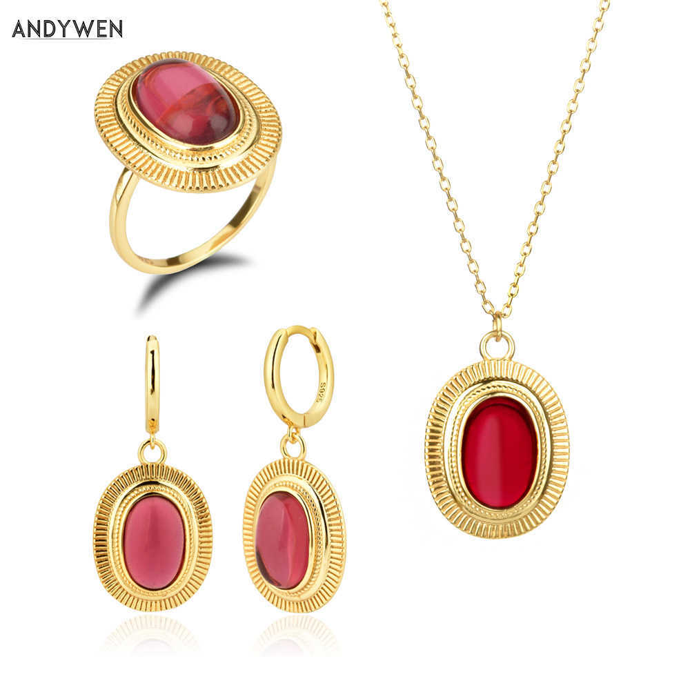 

ANDYWEN 925 Sterling Silver Transparent Red Crystal Labradorite Drop Earring Women Ring Necklace Jewelry Set For Party 210608, White