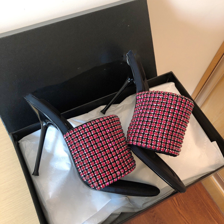 

2021SS women lady high heel 10.5cm heeled summer sandal slipper shoes top level rhinestone shining party sexy footwear wang AW3880, Red