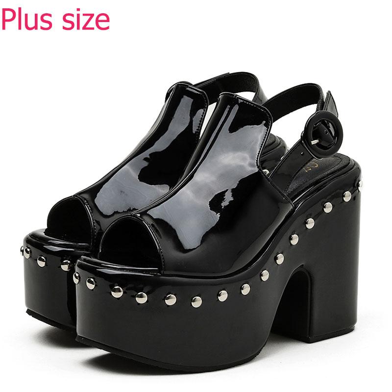 

Dress Shoes Peep Toe Platform High-Heeled Women Sexy Rivet Black Gothic Style Mules Block Heel Summer Sandals Cool