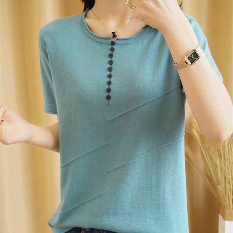 

T-shirt femme summer pure cotton top women round neck pullover short sleeve color knit sweater plus size tees 210708, Deep coffee