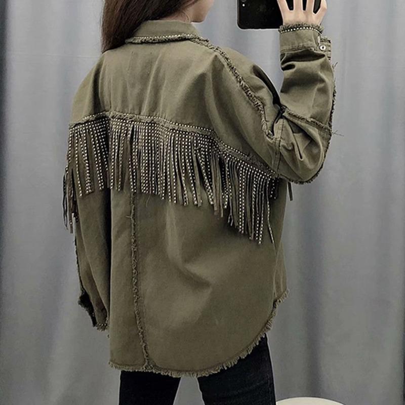 

Men's Jackets Women Vintage Tassel Denim Jacket Coat 2021 Fashion Fringe Beaded Loose Long Sleeve Ladies Frayed Trim Outerwear Chaqueta Muje, Armygreen