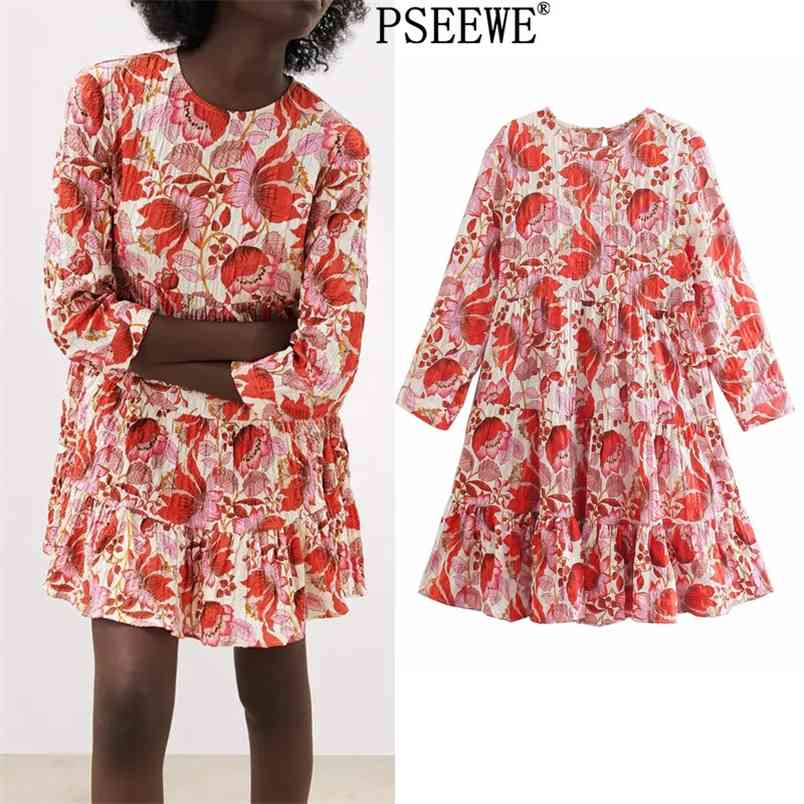

Dress Women Red Floral Print Short Woman es Summer Ruffle Ruched Vintage Mini Blue Long Sleeve es 210519, Beige
