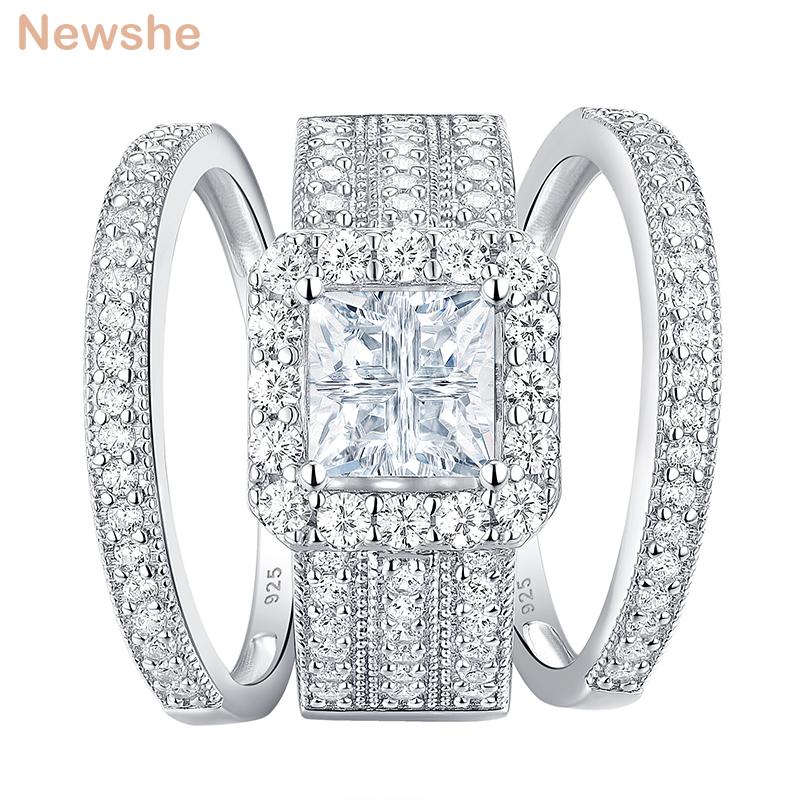 

Cluster Rings She 3Pcs Wedding For Women Solid 925 Sterling Silver Engagement Ring Bridal Set Cross Princess Cut Zircons Jewelry, Golden;silver