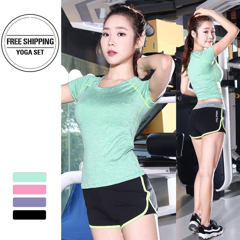 

Shirts + Shorts 2 Pcs Set Women's Yoga Suit Fitness Clothing Sportswear Workout Sports Clothes Athletic Running Sets Outfits, White;red