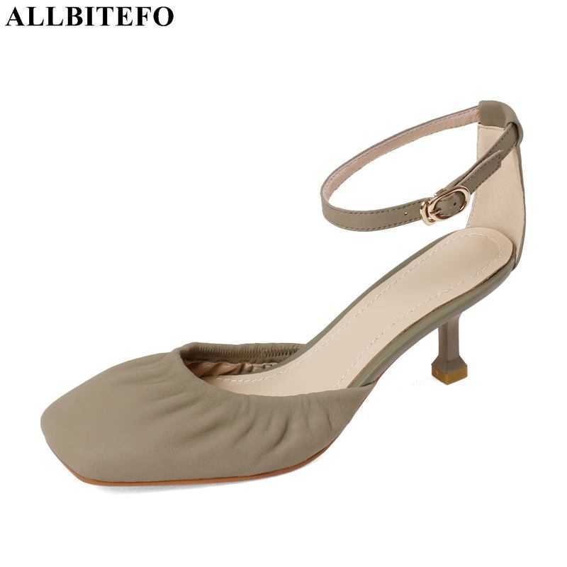 

ALLBITEFO square toe Fold design stiletto soft genuine leather fashion sexy women heels shoes summer women sandals sandalias 210611, As picture