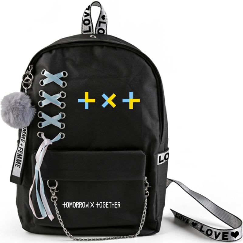 

Backpack Kpop TXT Large Capacity School Bag With Crossed Ribbon Plush Ball Pendant Tomorrow X Together Travel Fan Collection, Yeonjun