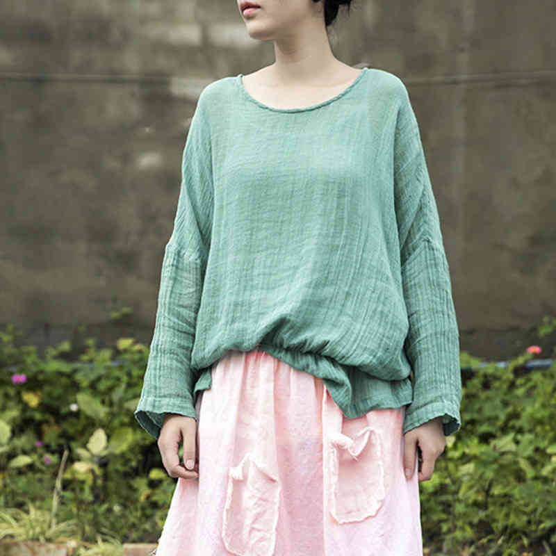 

Johnature Women Ramie Green Vintage T-Shirts O-Neck Long Sleeve Loose Spring High Quality Patchwork Female T-Shirts 210521