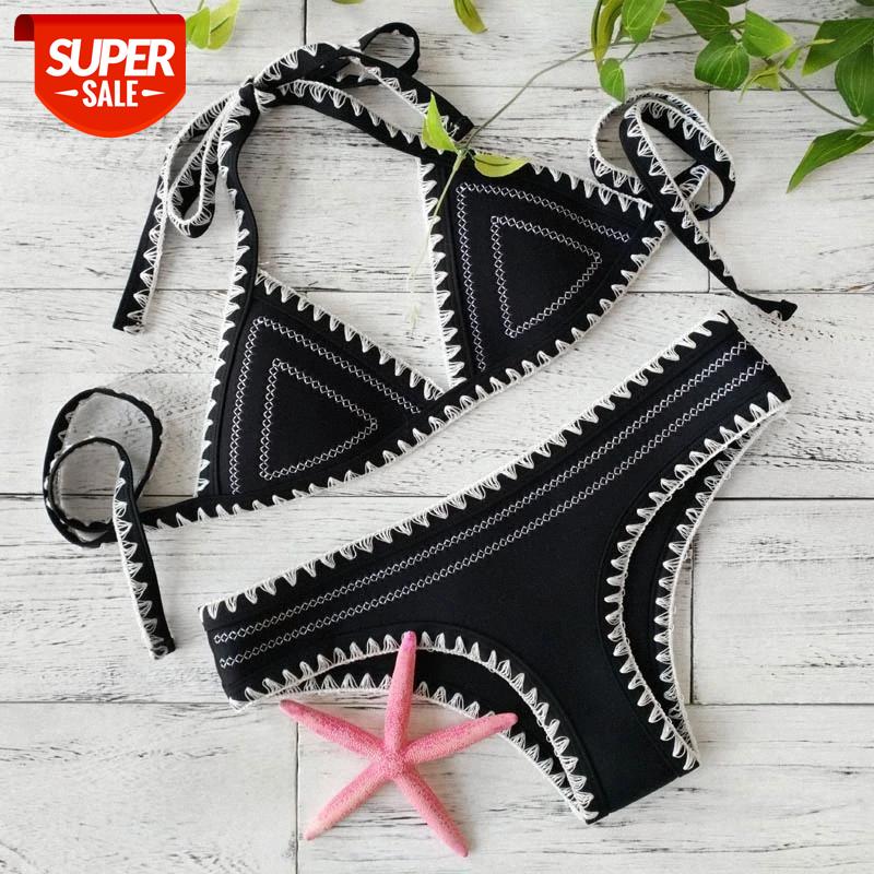 

2020 New Push up neoprene bikini set women sexy swimsuit Crochet Bikini Set Neoprene Knitted Women Biquini Swimwear Female Beach #Xa4c, White;black