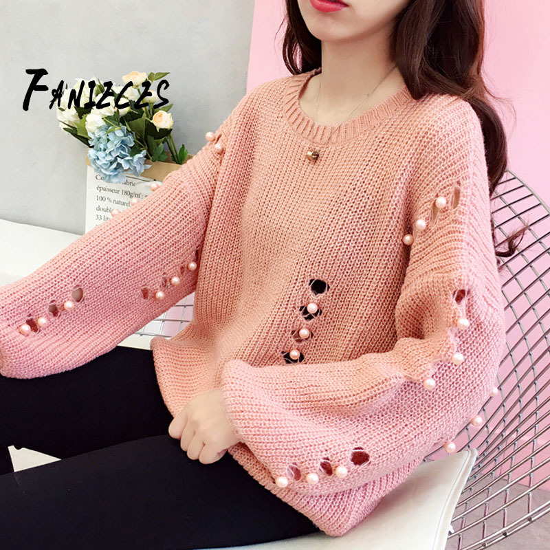 

Autumn women thin knitted sweater beaded hollow hole sexy loose O neck long sleeve casual high street pullover top streetwear 210520, White