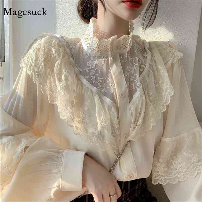 

Fashion Ruffled Autumn Lace Up Women Blouses Stand Collar Ladies Tops Vintage Shirts Korean Sweet Loose Clothes 11335 210518, Apricot