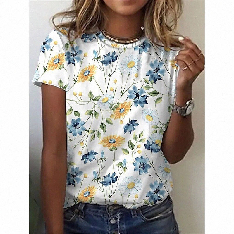 Women's Floral Theme T shirt Floral Plants Round Neck Basic Tops White / 3D Print a9hC#-image-755737532