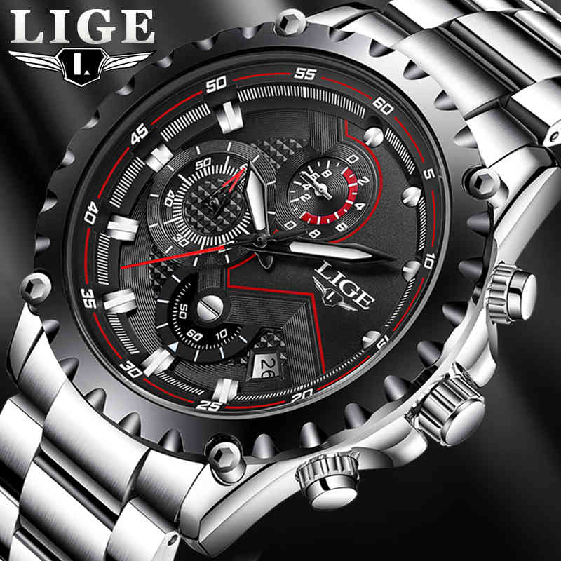 

LIGE Fashion Mens Watches Top Luxury Brand Silver Stainless Steel 30m Waterproof Quartz Watch Men Army Military Chronograph 210517, L gold blue