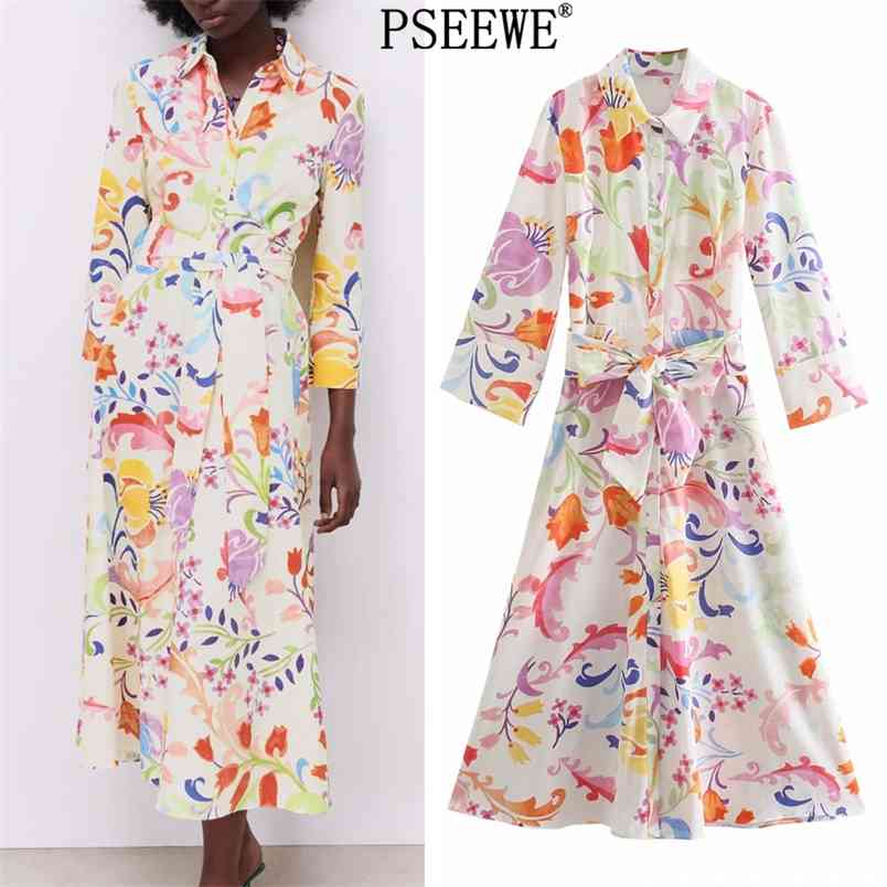 

Long Dress Women Summer White Print Shirt Woman Fashion Belt Button Up Midi Sleeve Casual Ladies es 210519, Multi