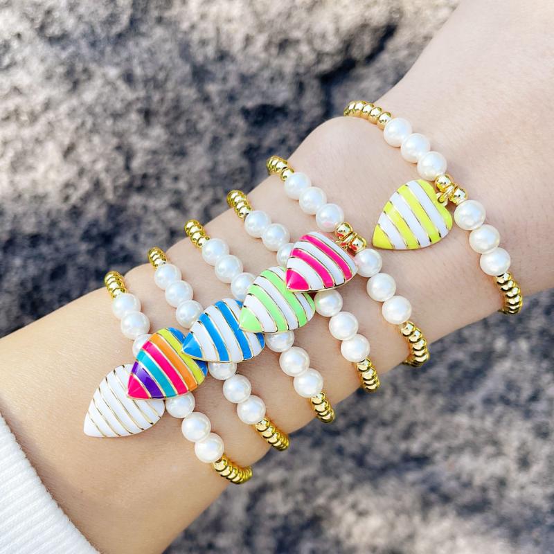 

Charm Bracelets Rainbow Enamel Stripe Heart Bracelet Copper Gold Beads White Pearl For Women Fashion Jewelry Year Gifts Brte96, Golden;silver