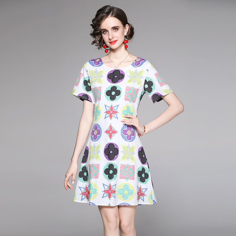 

Luxury Vintage O-Neck Printed Dress 2021 Runway Women Chic Short Sleeve Office Ladies Slim A-Line Casual Dresses Summer Autumn Fashion Vacat, Black;gray