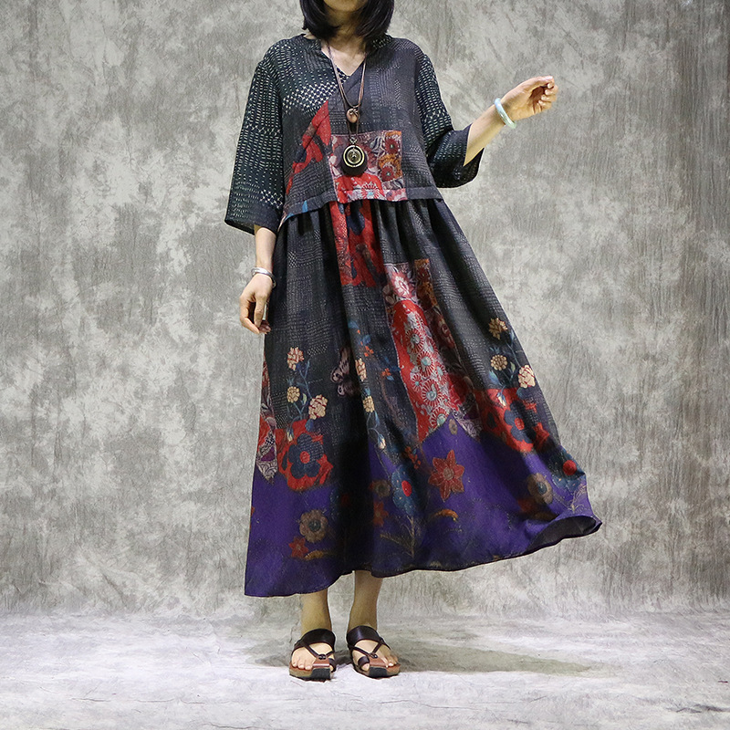 

Johnature Loose Retro Patchwork Print V-neck Short Sleeve Cotton Linen Plus Size Dresses Summer Women Fashion Dress 210521, Black