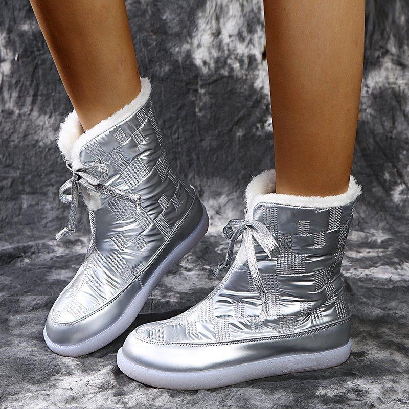 

Bling Silver Mid Calf Boots For Women Shoes Woman Warm Plush Snow Flat Thick Bottom Lace Up Winter Plus Size, Black