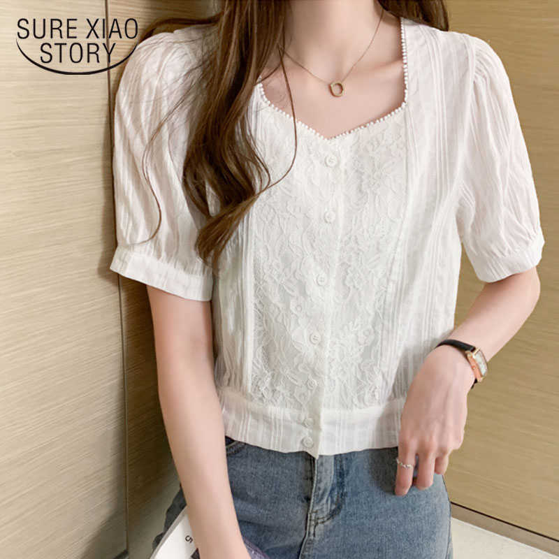 

Blusas Mujer Summer Solid Cardigan Shirts for Women Office Lady White Tops Square Collar Cotton Lace Women Blouse 9777 210527, Apricot