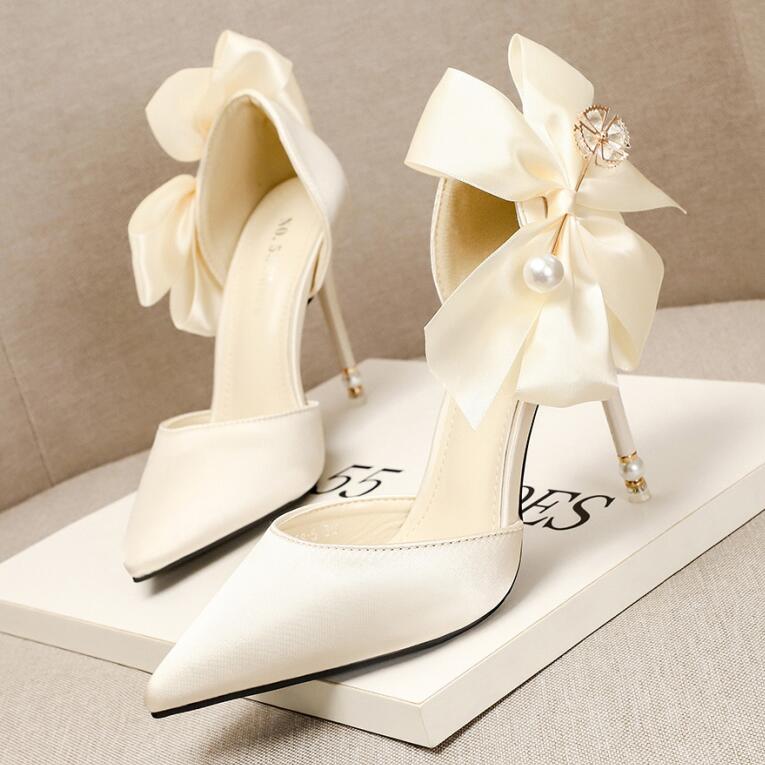 

spring summer fashion sexy big bow pointed toe high heels sandals shoes woman ladies wedding party pumps dress shoe, Bronze