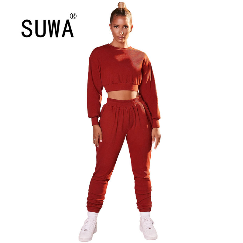 

Women Fashion Street 2 Pieces Set Autumn Winter Full Sleeve Drawstring Short Top Hoodies Solid Casual Elastic Pants Outfit 210525, Red
