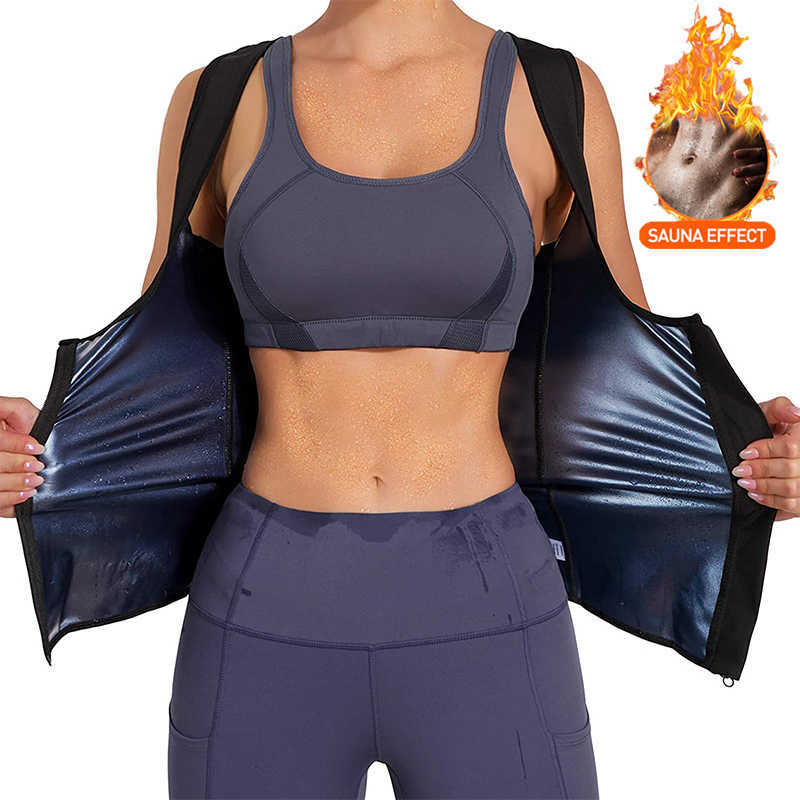 

Women Sauna Shaper Vest Thermo Sweat Shapewear Tank Top Slimming Vest Waist Trainer Corset Gym Fitness Workout Zipper Shirt 210708, Blue without zipper